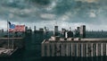 Apocalyptic water view. urban flood, America USA flag. Storm. 3d render