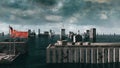 Apocalyptic water view. urban flood, Europe flag. Storm. 3d render