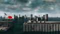 Apocalyptic water view. urban flood, Japan flag. Storm. 3d render