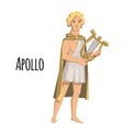 Apollo, ancient Greek god of archery, music, poetry and the sun with lyre. Mythology. Flat vector illustration. Isolated