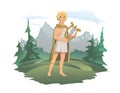 Apollo, ancient Greek god of archery, music, poetry and the sun with lyre. Ancient Greece mythology. Forest and mountain Royalty Free Stock Photo