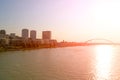 Apollo Bridge and Danube promenade, river Danube on the sunrise, Bratislava, Slovakia