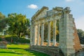 APOLLONIA, ALBANIA: Ancient Greek temple with white columns in the city of Apolonia in Albania. Royalty Free Stock Photo