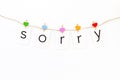 Apologise concept. Cute heart icons garland with text sorry on white background top view copy space Royalty Free Stock Photo