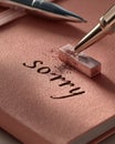 Apology concept with eraser and pen on embossed pink surface for forgiveness theme Royalty Free Stock Photo