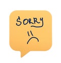 Apology. Sticky note with word Sorry and drawn sad face on white background