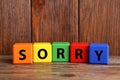 Apology. Word Sorry made of colorful cubes on wooden table