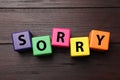 Apology. Word Sorry made of colorful cubes on wooden table, top view