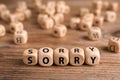 Apology. Word Sorry made of cubes on wooden table