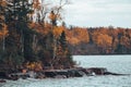 Apostle Islands National Lakeshore along Lake Superior in Wisconsin during fall color season on overcast day in Autumn Royalty Free Stock Photo