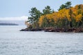 Apostle Islands National Lakeshore along Lake Superior in Wisconsin during fall color season on overcast day in Autumn Royalty Free Stock Photo