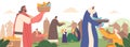 Apostles of Christ Characters Give Food to Hungry Crowd. Biblical Story about God Creating Miracle. Vector Illustration