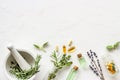 Apothecary of natural wellness and self-care. Herbs and medicine on white background top view frame copy space