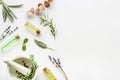 Apothecary of natural wellness and self-care. Herbs and medicine on white background top view frame copy space Royalty Free Stock Photo