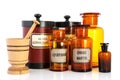 Apothecary pots with ingredients for medicins Royalty Free Stock Photo