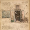 Apothecary Store Front in Vintage Steampunk Da Vinci Drawing Style Royalty Free Stock Photo