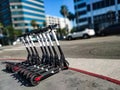 App based scooters lined up awaiting their next riders