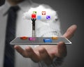 App blocks smart tablet with cloud and businessman climbing ladd Royalty Free Stock Photo