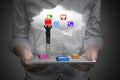 App blocks smart tablet with cloud and businessman climbing ladd