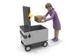 An app-controlled delivery robot. Check your luggage on your smartphone. delivery and receipt. Cardboard luggage.