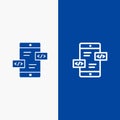 App Development, Arrows, Div, Mobile Line and Glyph Solid icon Blue banner Line and Glyph Solid icon Blue banner