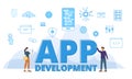 App development concept with big words and people surrounded by related icon spreading with modern blue color style Royalty Free Stock Photo
