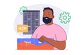 App development concept with cartoon people in flat design for web. Man programming and creating responsive layouts and