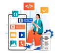 App development concept in modern flat design. Developer places buttons at layout of application mobile screen. Programmer coding