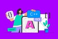 App development concept in modern flat design for web. Woman creating user interface layout, programming and coding mobile Royalty Free Stock Photo