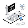 App development 3d isometric concept with isometry people design for web. Team working with code, programming, creating mobile Royalty Free Stock Photo