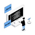 App development 3d isometric concept with isometry people design for web. Woman programming on java at computer screen, coding Royalty Free Stock Photo