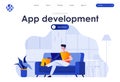 App development flat landing page design. Programmer working at home on sofa scene with header. UI UX usability design, Royalty Free Stock Photo