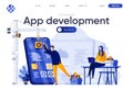App development flat landing page. Team of developers creating mobile application vector illustration. Full stack development, Royalty Free Stock Photo
