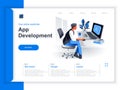 App development isometric landing page. Programmer working with computer in office situation. UI, UX responsive design, Royalty Free Stock Photo