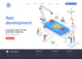 App development isometric landing page. UI UX design, prototyping, engineering and programming application. Digital