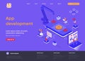 App development isometric landing page. UI UX design, prototyping, engineering and programming application. Digital technology Royalty Free Stock Photo