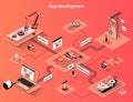 App development isometric web banner. Programming smartphone mobile or computer application flat isometry concept. UI UX Royalty Free Stock Photo