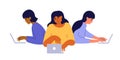 App development team, startup, online support, woman programmer or tester with vector illustration of women work, coding or play