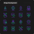 App development thin line icons set: writing code, multitasking, smart watch app, engineering, updates, cloud database, testing, Royalty Free Stock Photo