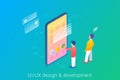 App Development UI UX Design Isometric Flat vector illustration. People standing and working with interface buttons in Mobile Royalty Free Stock Photo