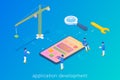 App Development UI UX Design Isometric Flat vector illustration. People standing and working with interface buttons in Mobile Royalty Free Stock Photo