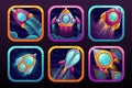 App icons with flying rockets. Space wars game logo concept.