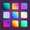 App icons glossy vector backgrounds collection. 3D buttons with neon holographic gradients and realistic soft shadows Royalty Free Stock Photo