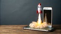 App Launch Rocket on Smartphone Screen Royalty Free Stock Photo