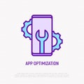 App optimization thin line icon: smartphone with wrench and wheels. Modern vector illustration of app development