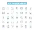 App programming linear icons set. Programming, Development, Design, Debugging, Algorithm, Coding, Framework line vector