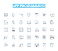 App programming linear icons set. Programming, Development, Design, Debugging, Algorithm, Coding, Framework line vector