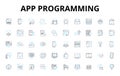 App programming linear icons set. Programming, Development, Design, Debugging, Algorithm, Coding, Framework vector