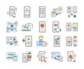 App purchase color line icons set. Creation and programming of applications. UI UX GUI design element.