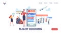 App for Tourists Landing Page Template. Characters Go Travel Booking Tickets Using Mobile Phone. Passengers Book Trip